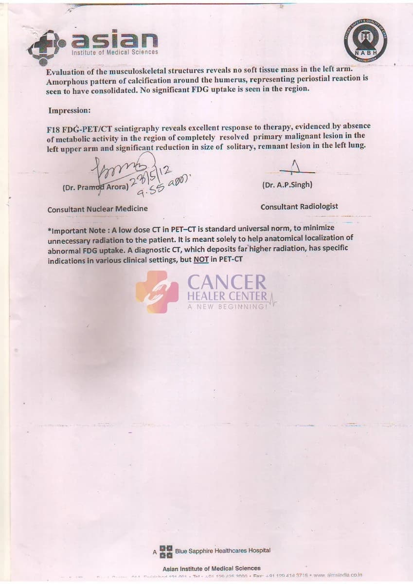 Rhabdomyosarcoma Case Study: Primary Left Arm Mass Resolves and Lung Lesions Show Major Reduction on PET-CT — medical report 4