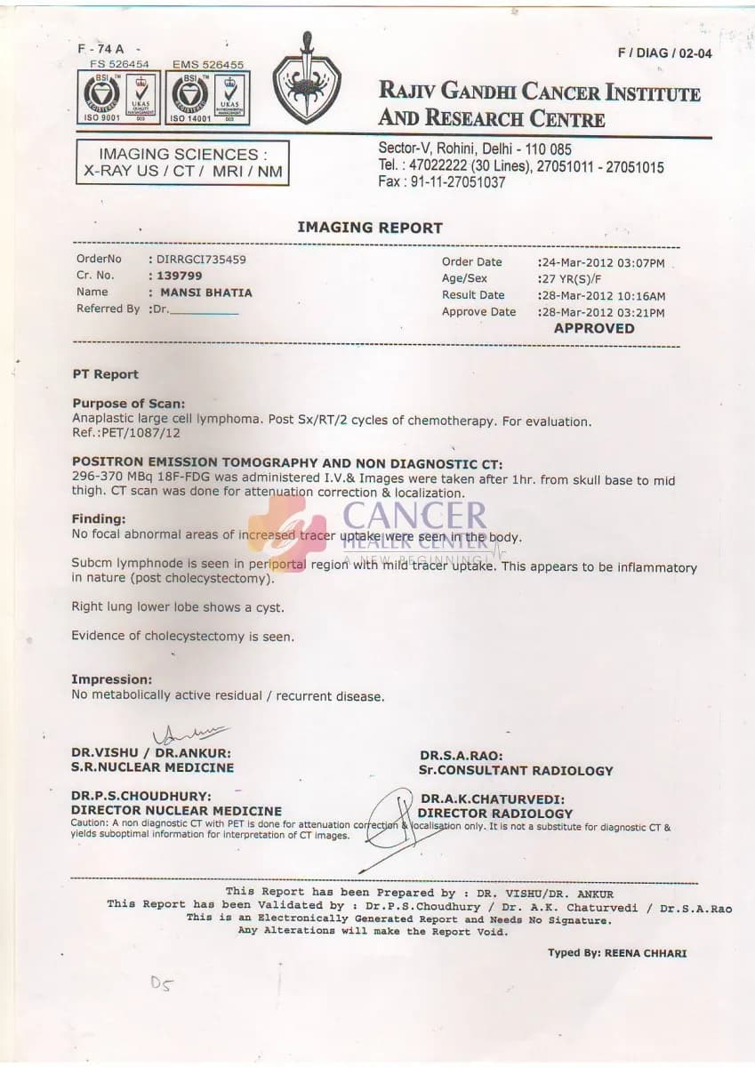 Anaplastic Large Cell Lymphoma Case Study: Complete Remission and Metabolic Resolution Documented on PET-CT — medical report 10