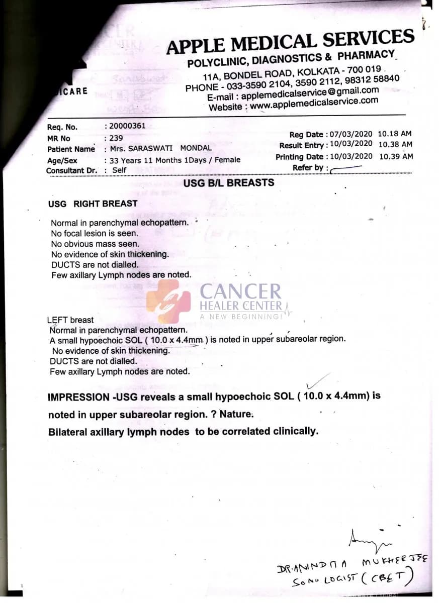 Breast Carcinoma (DCIS / Invasive Lesion) — Structural Stabilization and Tumor Control Documented Across Ultrasonography and Histopathology — medical report 3