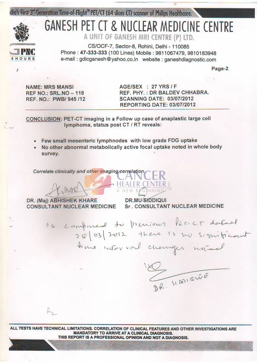Anaplastic Large Cell Lymphoma Case Study: Complete Remission and Metabolic Resolution Documented on PET-CT — medical report 7