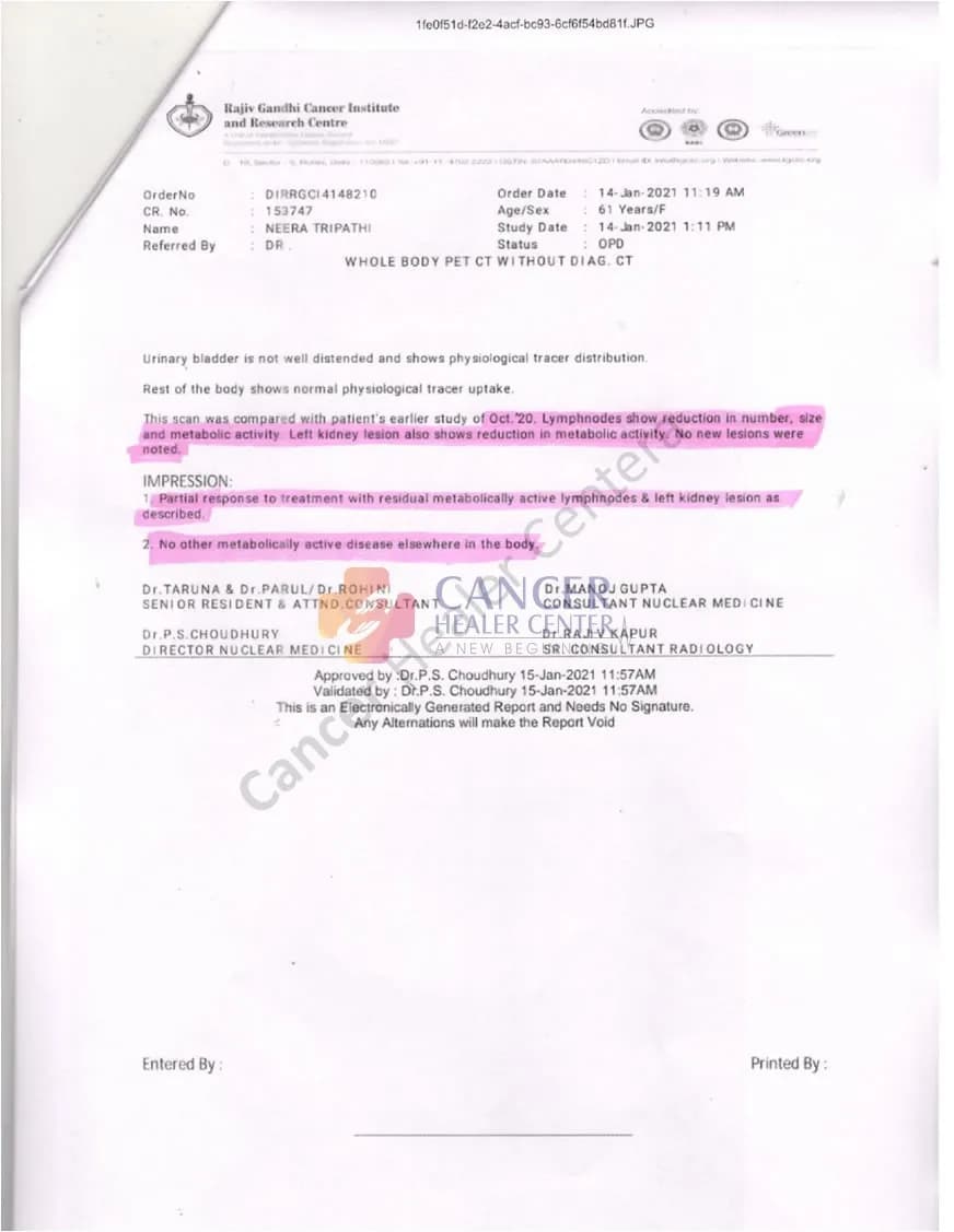 Recurrent Ovarian Carcinoma Case Study: Partial Response and Reduction in Metastatic Lymphadenopathy and Left Renal Lesion Documented on PET-CT — medical report 2